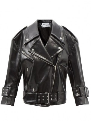VAQUERA Oversized black faux-leather biker jacket ~ womens casual style zip and stud detail jackets ~ women’s classic inspired outerwear - flipped