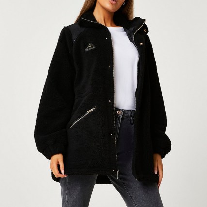RIVER ISLAND Black oversized jacket ~ womens casual textured jackets ~ women’s faux fur outerwear - flipped