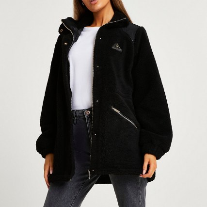 RIVER ISLAND Black oversized jacket ~ womens casual textured jackets ~ women’s faux fur outerwear