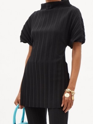 A.W.A.K.E. MODE Pleated high-neck crepe top ~ chic puff sleeve open back tops - flipped