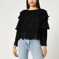River Island Black pleated layered blouse top – ruffled crew neck tops