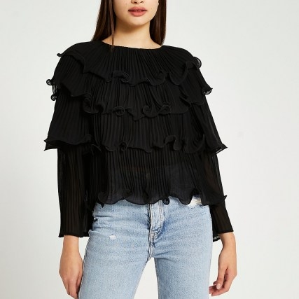River Island Black pleated layered blouse top – ruffled crew neck tops - flipped