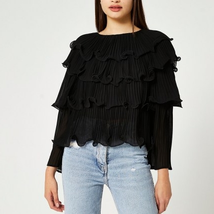 River Island Black pleated layered blouse top – ruffled crew neck tops