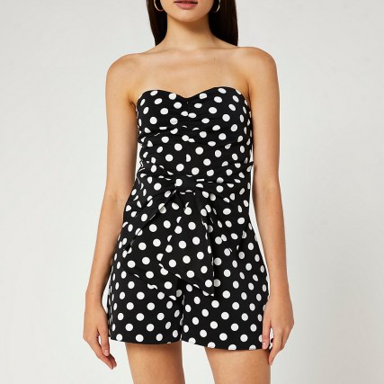 RIVER ISLAND Black polka dot bandeau playsuit ~ strapless tie waist playsuits ~ on trend evening fashion ~ summer party clothing - flipped
