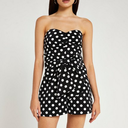 RIVER ISLAND Black polka dot bandeau playsuit ~ strapless tie waist playsuits ~ on trend evening fashion ~ summer party clothing