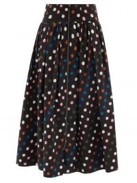 CAROLINA HERRERA Polka-dot cotton-poplin midi skirt / black spot print front zip skirts