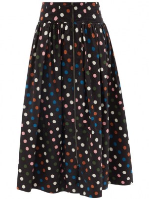 CAROLINA HERRERA Polka-dot cotton-poplin midi skirt / black spot print front zip skirts - flipped
