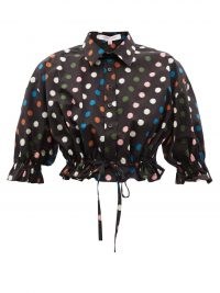 CAROLINA HERRERA Polka-dot cropped cotton-poplin top / black spot print crop hem tops / ruffle trim blouse