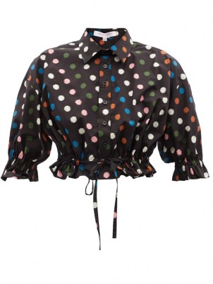 CAROLINA HERRERA Polka-dot cropped cotton-poplin top / black spot print crop hem tops / ruffle trim blouse - flipped