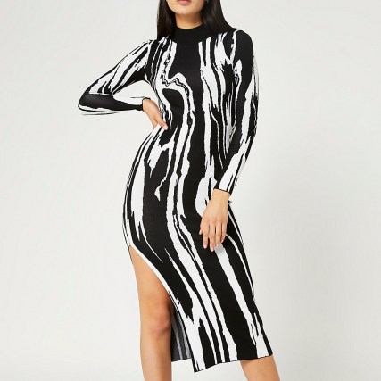 RIVER ISLAND Black printed bodycon midi dress ~ long sleeve high neck fitted going out dresses ~ monochrome evening fashion ~ high split hem - flipped