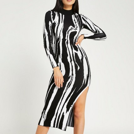 RIVER ISLAND Black printed bodycon midi dress ~ long sleeve high neck fitted going out dresses ~ monochrome evening fashion ~ high split hem