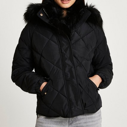 RIVER ISLAND Black quilted puffer coat / faux fur trim coats / womens fashionable hooded winter jackets