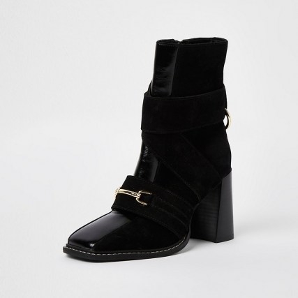 RIVER ISLAND Black square toe heeled boots ~ womens front snaffle detail block heel boot - flipped