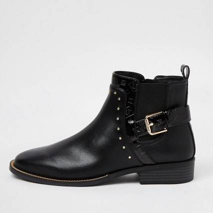 RIVER ISLAND Black studded chelsea boots ~ womens buckle detail ankle boots ~ low block heel - flipped