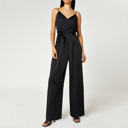 RIVER ISLAND Black tie waist jumpsuit ~ cami strap evening jumpsuits ~ strappy party fashion - flipped