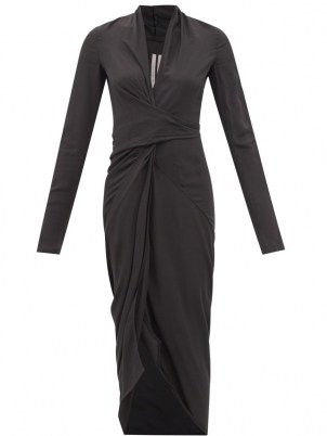 RICK OWENS Wrap-front ruched crepe dress in black ~ draped LBD - flipped