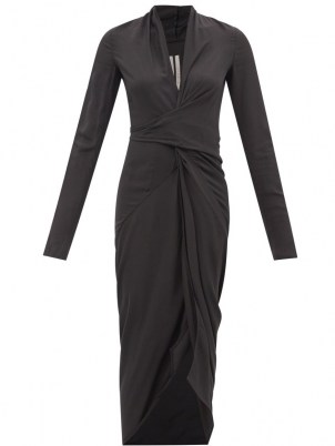 RICK OWENS Wrap-front ruched crepe dress in black ~ draped LBD