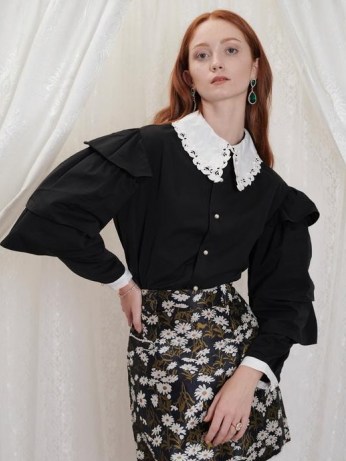 sister jane Inheritance Tier Sleeve Shirt – womens vintage style oversized collar shirts – tiered sleeves – black and white blouses - flipped