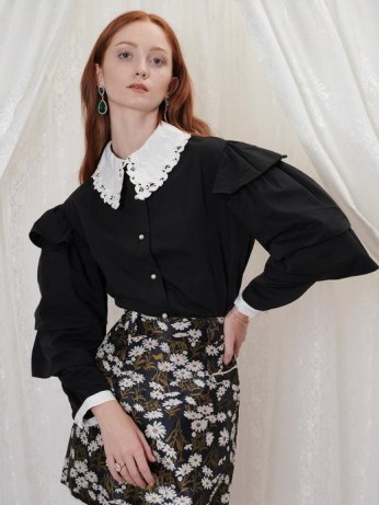 sister jane Inheritance Tier Sleeve Shirt – womens vintage style oversized collar shirts – tiered sleeves – black and white blouses