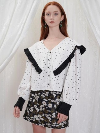 sister jane GRANDMA’S HOUSE Silverwear Ruffle Blouse in White and Black – spot print oversized collar blouses - flipped