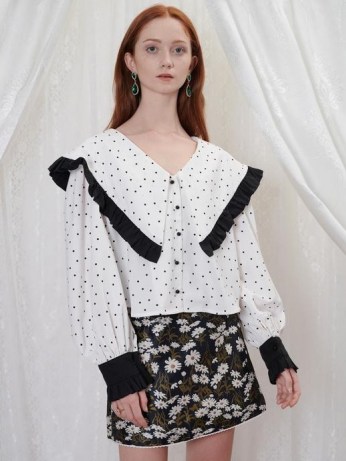 sister jane GRANDMA’S HOUSE Silverwear Ruffle Blouse in White and Black – spot print oversized collar blouses