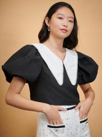 sister jane DREAM Valley Sorrel Tie Back Top in Black and White – cropped puff sleeve oversized collar tops – large collars - flipped