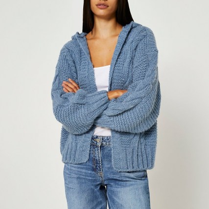 River Island Blue cable knit hooded cardigan | drop shoulder open front cardigans - flipped