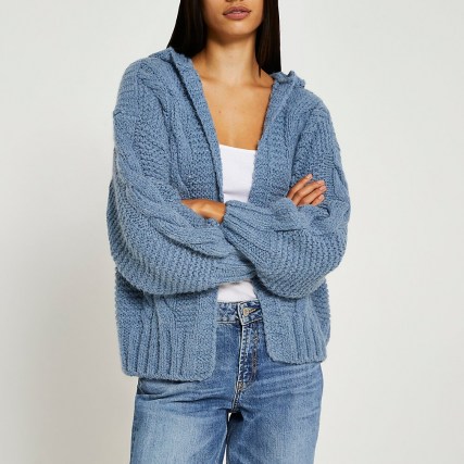 River Island Blue cable knit hooded cardigan | drop shoulder open front cardigans
