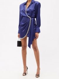 DAVID KOMA Chain-embellished blue satin wrap dress / glamorous shirt style evening dresses