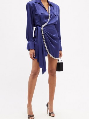 DAVID KOMA Chain-embellished blue satin wrap dress / glamorous shirt style evening dresses - flipped
