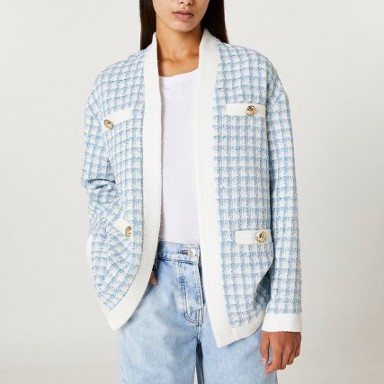 RIVER ISLAND Blue dogtooth boucle cardigan ~ womens checked houndstooth cardigans ~ textured tweed style fashion - flipped