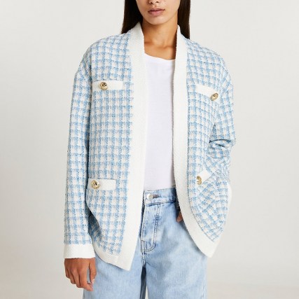 RIVER ISLAND Blue dogtooth boucle cardigan ~ womens checked houndstooth cardigans ~ textured tweed style fashion