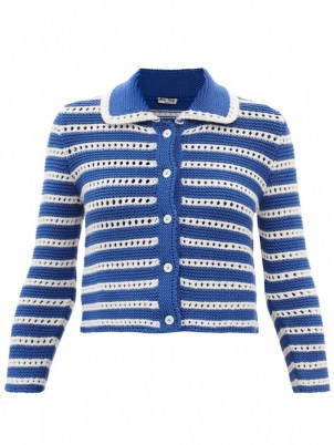 MIU MIU Eyelet-stripe garter-stitched wool cardigan ~ womens retro knitwear ~ women’s blue and white stripe vintage inspired cardigans