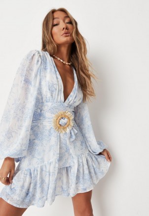 Missguided blue floral print plunge balloon sleeve mini dress – feminine frill hem dresses – plunging V neckline fashion