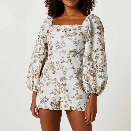 RIVER ISLAND Blue floral structured playsuit ~ square neck balloon sleeve playsuits ~ women’s on trend party fashion - flipped