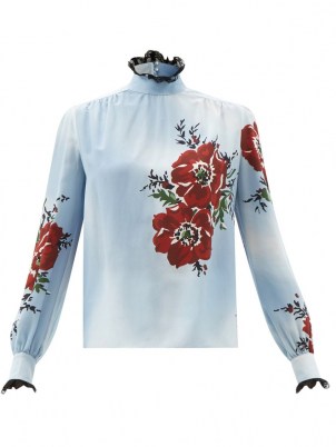 RODARTE Back-bow floral-print silk blouse ~ pale blue lace trimmed blouses ~ high Victoriana neckline tops ~ MatchesFashion womens clothing - flipped