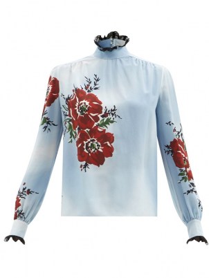 RODARTE Back-bow floral-print silk blouse ~ pale blue lace trimmed blouses ~ high Victoriana neckline tops ~ MatchesFashion womens clothing