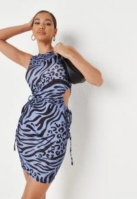 MISSGUIDED blue rib animal print ruched cut out mini dress – sleeveless fitted dresses