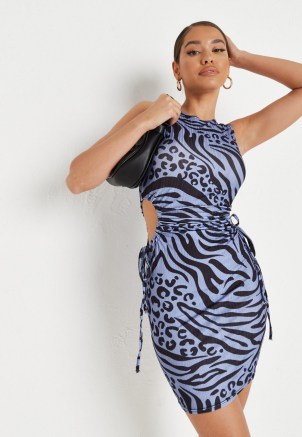 MISSGUIDED blue rib animal print ruched cut out mini dress – sleeveless fitted dresses - flipped
