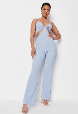 MISSGUIDED blue rib cut out cami jumpsuit – strappy going out jumpsuits – glamorous evening look - flipped