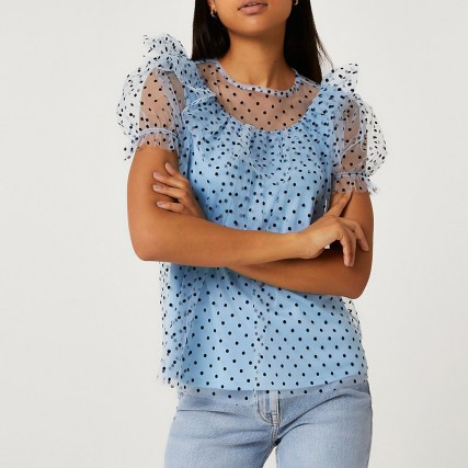 River Island Blue ruffled puff sleeve mesh top | romantic style semi sheer tops - flipped