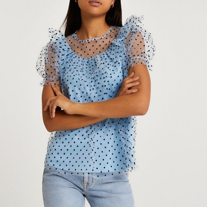 River Island Blue ruffled puff sleeve mesh top | romantic style semi sheer tops