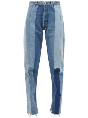 RE/DONE 60s slit-cuff patchwork slim-leg jeans | tonal blue denim fashion | womens split hem jeans