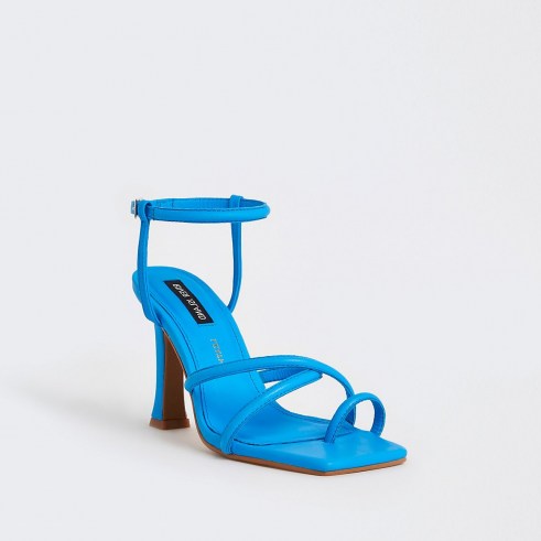 RIVER ISLAND Blue strappy heeled sandals / square toe ankle strap heels - flipped