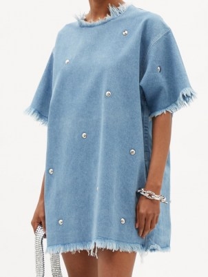 MARQUES’ALMEIDA Studded recycled-denim T-shirt dress ~ stud embellished frayed edge tee dresses - flipped