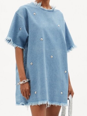 MARQUES’ALMEIDA Studded recycled-denim T-shirt dress ~ stud embellished frayed edge tee dresses