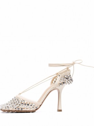 Bottega Veneta crystal-embellished tie-ankle sandals – luxe strappy ankle tie high heel shoes – glamorous square toe sandal - flipped