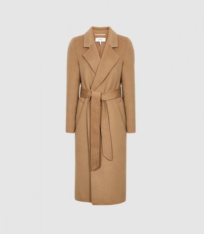 REISS BROOKS WOOL BLEND LONGLINE OVERCOAT CAMEL ~ chic brown tie waist belted coats