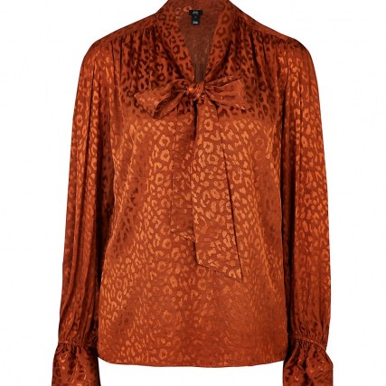 RIVER ISLAND Brown animal print pussybow blouse ~ womens fashionable ruffled cuff blouses ~ pussy bow tie neck tops - flipped