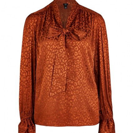 RIVER ISLAND Brown animal print pussybow blouse ~ womens fashionable ruffled cuff blouses ~ pussy bow tie neck tops